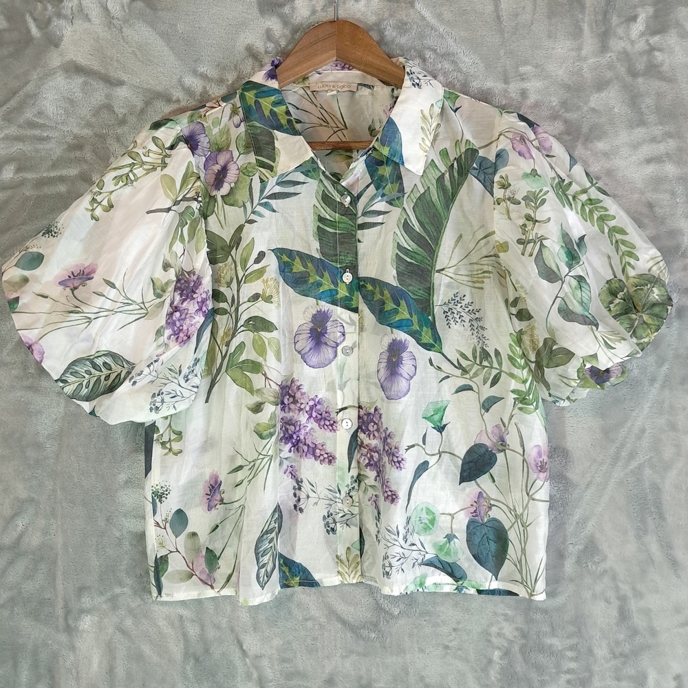 Lucky & Coco Women L Botanical Floral Puff Sleeve Sheer Button Down Blouse Large
